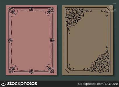 Vintage frames collection curved borders isolated on pastel backgrounds. Decorative black path set ornamental elements in corners vector illustrations. Vintage Frames Collection Curved Borders Isolated