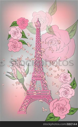 Vintage France poster design. romantic background with Eiffel tower and roses