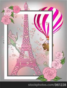 Vintage France poster design. romantic background with Eiffel tower and roses.