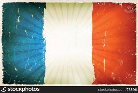 Vintage French Flag Poster Background. Illustration of an horizontal french republic poster, blue, white and red, with retro and vintage design, grunge textures and sunbeams, for french national holidays