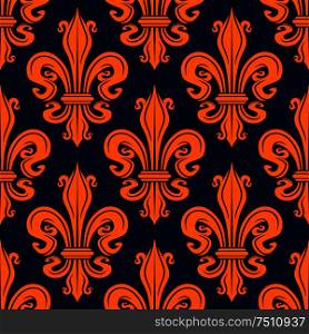 Vintage french seamless floral pattern with decorative orange fleur-de-lis over blue background. Use as interior accessories, textile, wallpaper or backdrop design