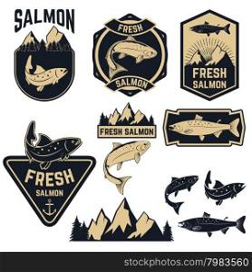 Vintage fresh salmon fish emblems, labels and design elements. Logo,badge or label design template.