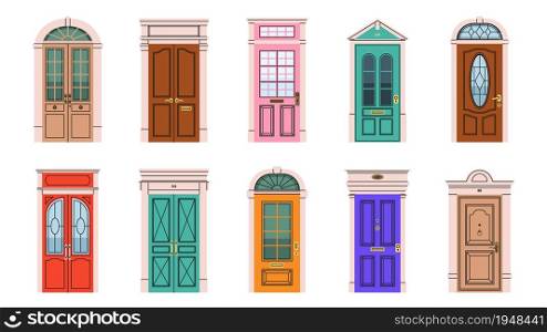Vintage front doors. House entrance exterior gates, colour building elements, architectural various exit, different design doors, bright colors decor objects, vector cartoon flat style isolated set. Vintage front doors. House entrance exterior gates, colour building elements, architectural various exit, different design doors, bright colors vector cartoon flat style isolated set