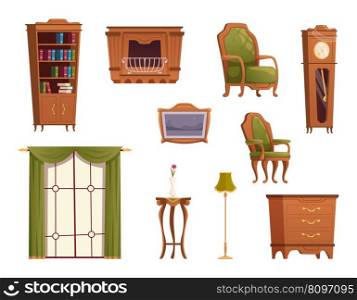 Vintage furniture. Old style interior items armchairs sofa wooden shelves bookcase exact vector templates set in cartoon style. Illustration of interior furniture, antique chair and luxury. Vintage furniture. Old style interior items armchairs sofa wooden shelves bookcase exact vector templates set in cartoon style