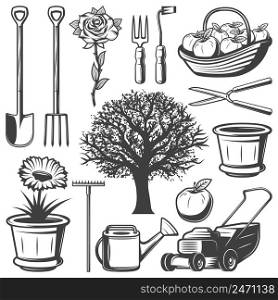 Vintage garden elements collection with agricultural tools flowers tree watering can lawm mower pot apples isolated vector illustration. Vintage Garden Elements Collection