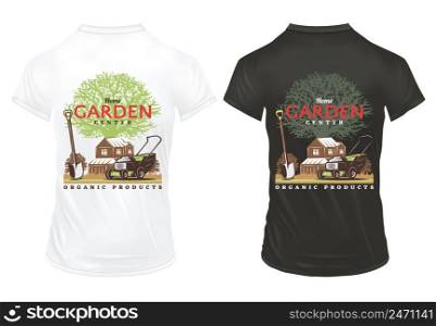 Vintage gardening prints on shirts template with farm house shovel lawn mower and tree isolated vector illustration. Vintage Gardening Prints On Shirts Template