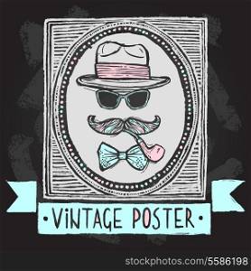 Vintage gentleman disguise set of hat sunglasses mustaches and tobacco pipe poster vector illustration