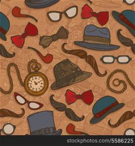 Vintage gentleman hats glasses mustaches bow tie colored seamless pattern vector illustration