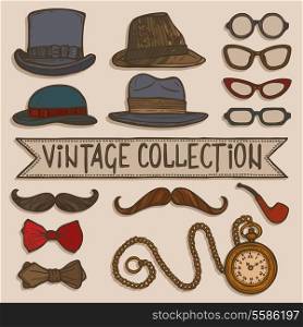 Vintage gentleman set of hats glasses mustaches and tobacco pipe stickers isolated vector illustration