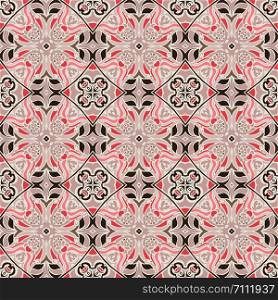 Vintage geometric tiles bohemian ethnic seamless pattern ornamental. Hand drawn tiles decor graphic print. Vintage seamless cute pink tile design pattern background.