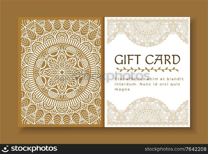 Vintage gift card with text sample. Isolated set of brochures for holidays celebration and greeting. Banner with mandala decoration and Indian ornaments. Floral embellishment of postcard, vector. Gift Card with Mandala, Certificate with Ornament