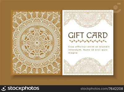 Vintage gift card with text sample. Isolated set of brochures for holidays celebration and greeting. Banner with mandala decoration and Indian ornaments. Floral embellishment of postcard, vector. Gift Card with Mandala, Certificate with Ornament
