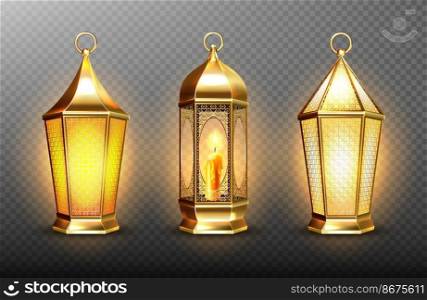 Vintage gold arabic lanterns with glowing candles. Vector realistic set of hanging luminous l&s with golden arabian ornament. Islamic shining fanous isolated on transparent background. Vintage gold arabic lanterns with glowing candles