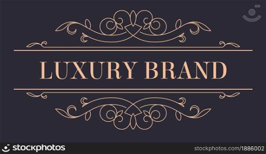 Vintage gold logotype for luxury brand. Isolated icon representing company or business production, elegant and sophisticated emblem with wavy lines and curves. Premium quality vector in flat. Luxury brand vintage gold logotype with ornaments vector