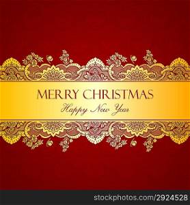 ""Vintage Gold tape. Floral ornament. Flourish pattern wallpaper. Retro background. Merry Christmas &amp; Happy New Year. Vector. Copyspace.""