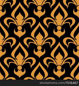 Vintage golden fleur-de-lis pattern for heraldic backdrop or interior design with seamless ornament of french royal iris flowers on black background. Royal french seamless fleur-de-lis pattern