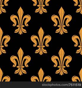 Vintage golden royal fleur-de-lis seamless pattern of elegant floral scrolls on black background. Luxury wallpaper or medieval stylized interior design usage. Vintage golden fleur-de-lis seamless pattern