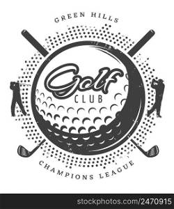 Vintage golf logotype with textured ball players and clubs in monochrome style isolated vector illustration. Vintage Golf Logotype