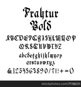 Vintage gothic bold font vector illustration. Unique decorative black capitals and lowercase calligraphic alphabet letters, numbers, symbols and signs on white background. Latin type medieval design. Vintage gothic bold font vector illustration