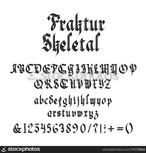 Vintage gothic font vector illustration. Set of unique decorative black capitals and lowercase calligraphic alphabet letters, numbers, symbols and signs on white for header or alcohol label design. Vintage gothic font vector illustration