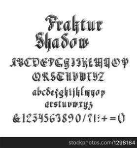 Vintage gothic font with shadow vector illustration. Unique decorative black capitals and lowercase calligraphic alphabet letters, numbers, symbols and signs on white background. Latin medieval type. Vintage gothic font with shadow illustration