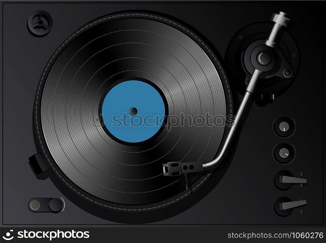 Vintage gramophone with vinyl record top view