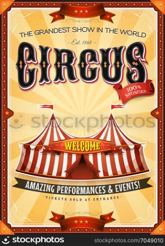 Vintage Grand Circus Poster With Marquee. Illustration of a retro vintage circus background, with marquee, big top, elegant titles and grunge texture