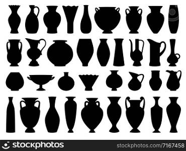 Vintage greek vases black silhouette on white background, vector illustration. Vintage greek vases black silhouette