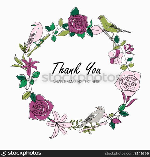Vintage Greeting Card with Blooming Flowers and Birds. Thank You with Place for Your Text. Roses, Wildflowers.. Vintage Greeting Card with Blooming Flowers and Birds. Thank You with Place for Your Text. Roses, Wildflowers, Vector Illustration