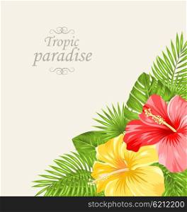 Vintage Greeting Card with Colorful Roses Mallow. Illustration Vintage Greeting Card with Colorful Roses Mallow. Tropic Paradise Background - Vector
