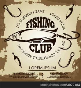 Vintage grunge fishing poster with label and fishing accessories. Vector illustration. Vintage grunge fishing poster