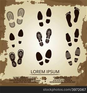 Vintage grunge footsteps poster design. Footprint step art, vector illustration. Vintage grunge footsteps poster design