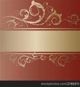 Vintage grunge gold frame with swirl on a red background