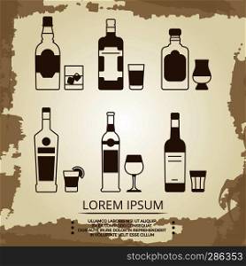 Vintage grunge poster with alcoholic drink icons. Banner with drink bar, vector illustration. Vintage grunge poster with alcoholic drink icons