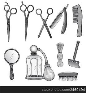 Vintage hairdresser tools set with scissors razor blade comb mirror sprayer brushes in sketch style isolated vector illustration. Vintage Hairdresser Tools Set