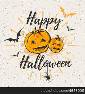 "Vintage Halloween background with pumpkins. "Happy Halloween" lettering. Vector illustration."