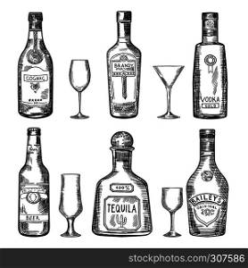 Vintage hand drawing different bottles. Vector illustration set. Bottle sketch tequila and brandy hard alcohol. Vintage hand drawing different bottles. Vector illustration set