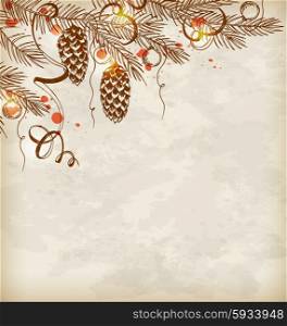 Vintage hand drawn Christmas background with pine branch and cones