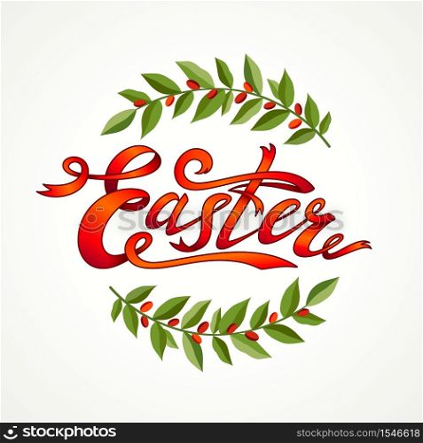 Vintage Hand drawn easter greeting card. Green branch and leaves wreath. Easter hand lettering. Red ribbon. Vector illustration. Vintage Hand drawn easter greeting card. Green branch and leaves wreath. Easter hand lettering. Red ribbon.