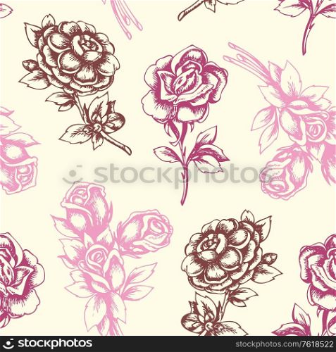 Vintage hand drawn floral seamless pattern with pink roses. Vector background