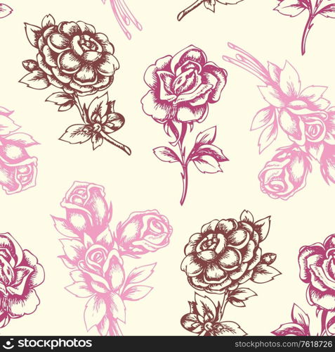 Vintage hand drawn floral seamless pattern with pink roses. Vector background