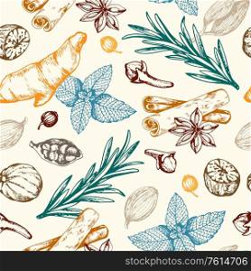 Vintage hand drawn floral seamless pattern with spices and herbs. Vector background