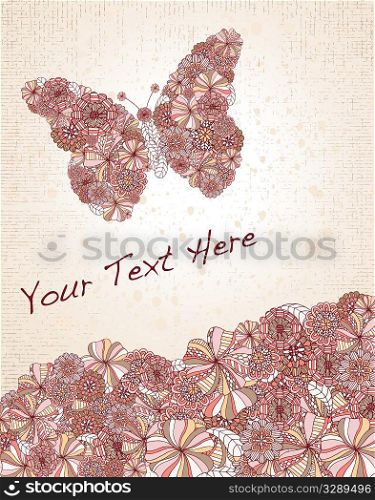 Vintage, hand drawn flowers make up butterfly and hill.
