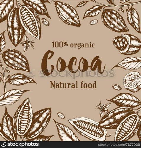 Vintage hand drawn frame with cocoa beans and plants. Vector illustration