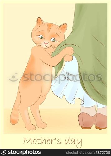 vintage hand drawn greeting card with cat holding girl