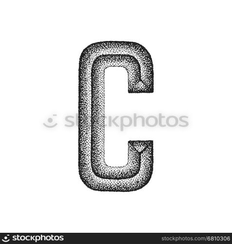 vintage hand drawn letter C. vector black monochrome vintage ink hand drawn dot work retro tattoo style engraving volumetric letter C isolated white background