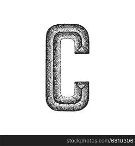 vintage hand drawn letter C. vector black monochrome vintage ink hand drawn dot work retro tattoo style engraving volumetric letter C isolated white background