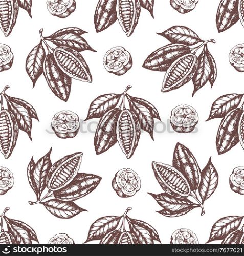 Vintage hand drawn seamless pattern with cocoa beans and cocoa plants on a white background. Vector illustration
