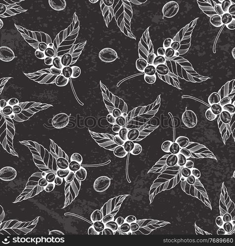 Vintage hand drawn seamless pattern with coffee plant and coffee beans on a black background. Vector illustration