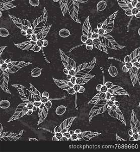 Vintage hand drawn seamless pattern with coffee plant and coffee beans on a black background. Vector illustration